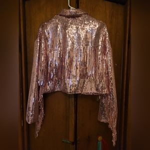 PINK SEQUIN FRINGE CROPPED JACKET